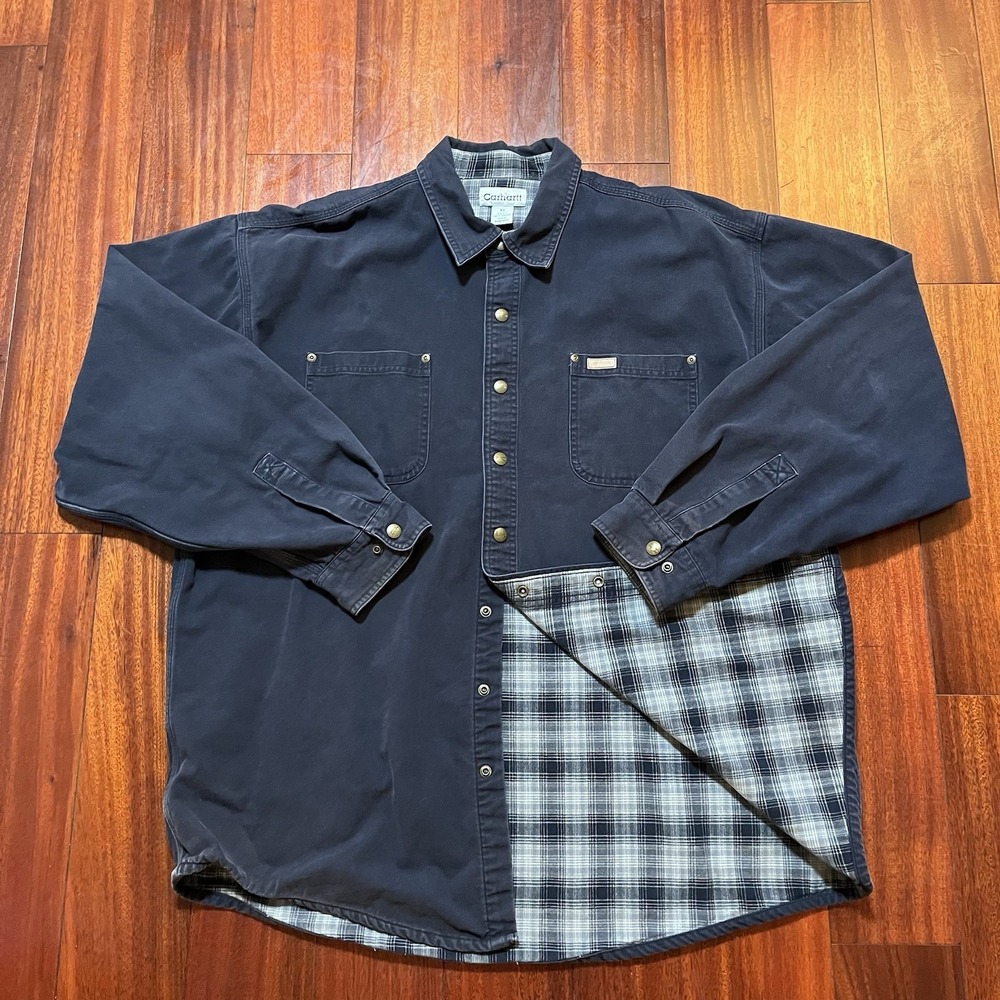 Carhartt Shirt Jacket Mens XLT TALL Navy Blue Lined Workwear Casual Button S96MD